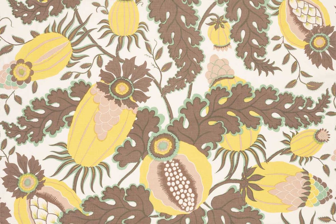 Christopher Farr Cloth Carnival Indoor Printed Wallpaper Mimosa. A detailed botanical illustration featuring large stylised flowers in shades of brown, plaster pink, yellow and mint green, with intricate leaves and stems on a light background.