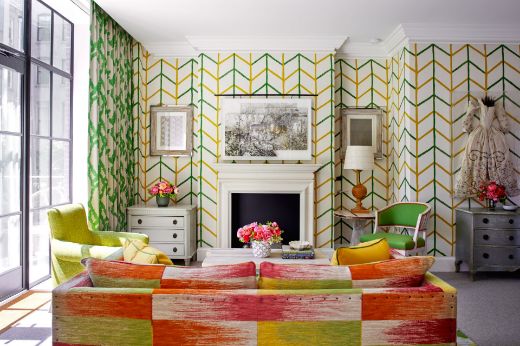 Christopher Farr Cloth One Way Bedroom Suite Firmdale Hotel - Green Yellow with Ikat Weave on Multi Coloured - Crosby Street Hotel Meadow Suite Living Room - Photography by Quentin Bacon