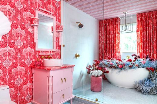 Christopher Farr Cloth Belle De Nuit The Hudson Stripe Fuchsia Pink Maximalist Bathroom by Megan Gorelick Interiors