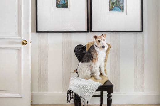 Christopher Farr Cloth Brome Stripe wallpaper Taupe beige, scott yetman bedroom in sugar hill fox terrier dog on chair