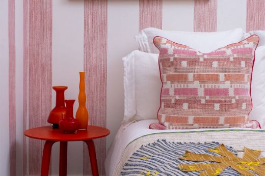Christopher Farr Cloth Brome Stripe wallpaper hot pink customer colour-way bedroom design