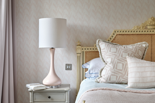 ‘ Carnac ’ opal wallpaper by Phyllis Barron & Dorothy Larcher with two cushions ‘ Crochet ’ rose fabric by Raoul Dufy, ‘ Drum ’ rose fabric by Neisha Crosland. Interior by LPE Designs. Photography by Nick Smith.