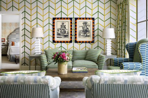 One Way custom wallpaper and Ikat Weave lime fabric. Interior by Kit Kemp at the Crosby Street Hotel , New York part of Firmdale Hotels. Photography by Quentin Bacon