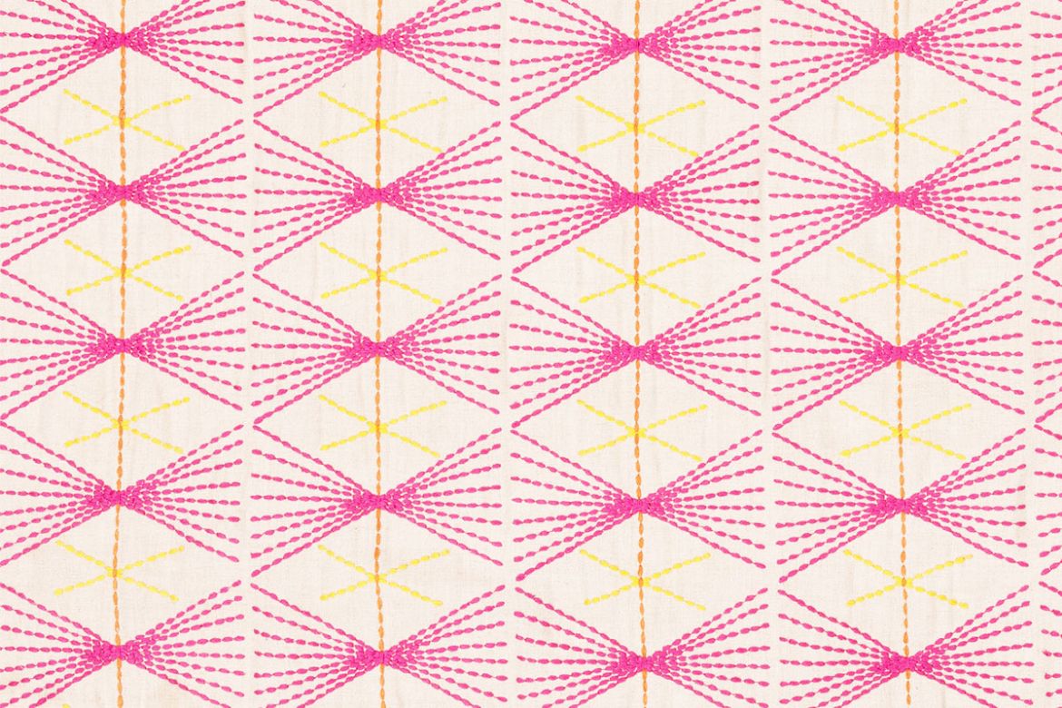 mikado geometric embroidered hot pink and yellow fabric