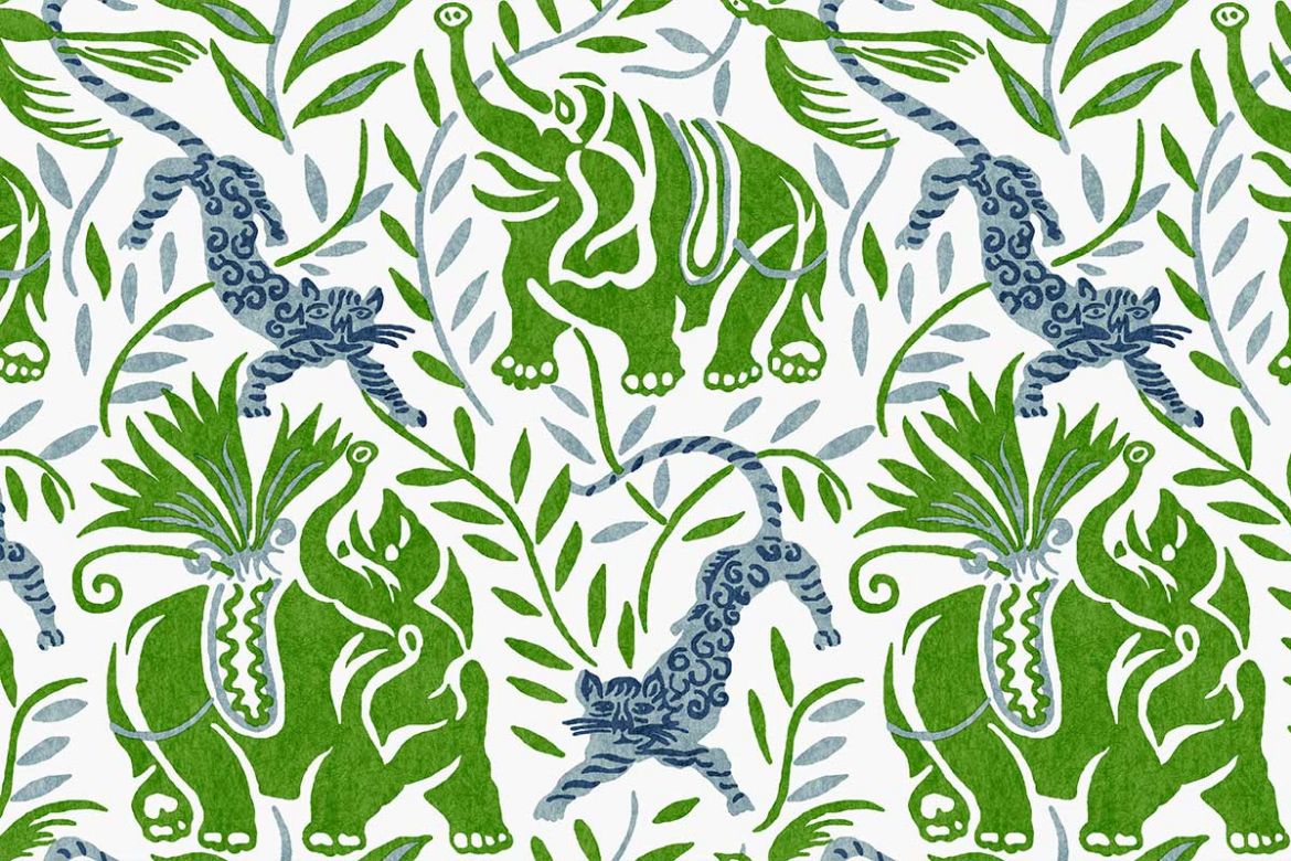 la jungle vinyl wallpaper fern green blue elephants and leopard