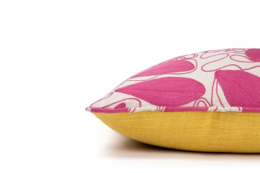 Hot pink Foliage embroidered cushion with yellow back by Christopher Farr Cloth x Veronique de Soultrait