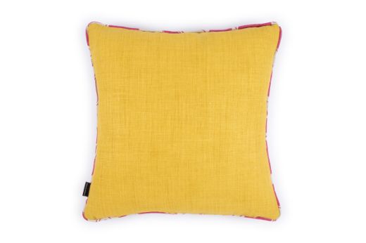 Hot pink Foliage embroidered cushion with yellow back by Christopher Farr Cloth x Veronique de Soultrait