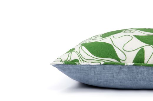 Green Foliage embroidered cushion with blue back by Christopher Farr Cloth X Veronique de Soultrait