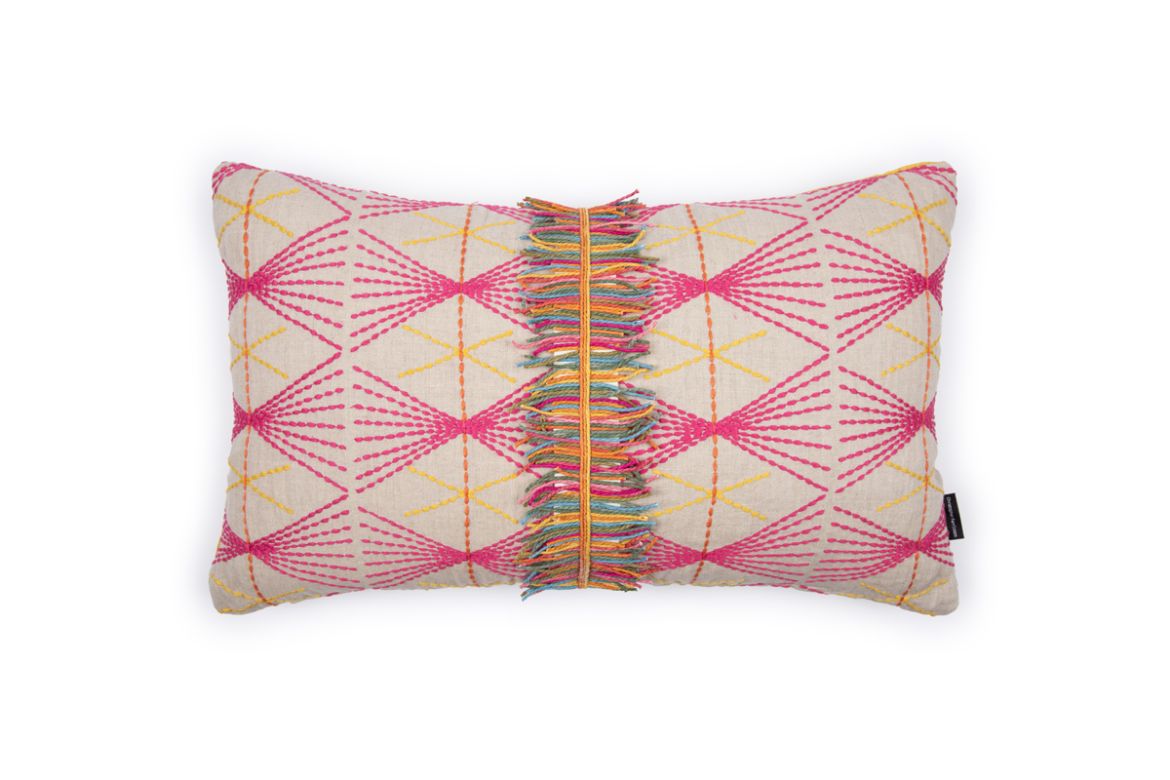 Hot pink reversible Mikado embroidered cushion with fringe and yellow back by Christopher Farr Cloth x Veronique de Soultrait