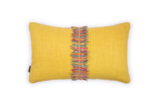 Hot pink reversible Mikado embroidered cushion with fringe and yellow back by Christopher Farr Cloth x Veronique de Soultrait