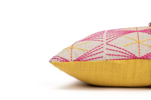 Hot pink reversible Mikado embroidered cushion with fringe and yellow back by Christopher Farr Cloth x Veronique de Soultrait