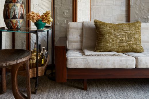 Dodoma Olive Cushion on Sofa Christopher Farr Cloth Showroom Design by Hubert Zandberg