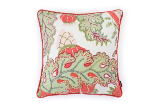 Front View Limited Edition 01 Cirque En Fleur Carnival Cushion featuring vibrant corals, greens, and pinks with a hand-stitched pomegranate floral and leaf design, adding an artistic touch to your décor.