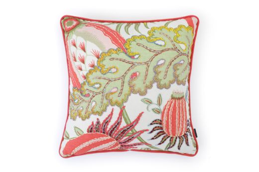 Front View Limited Edition 04 Cirque En Fleur Carnival Cushion featuring vibrant corals, greens, and pinks with a hand-stitched pomegranate floral and leaf design, adding an artistic touch to your décor.