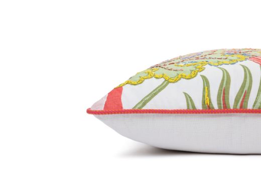 Side View Limited Edition 04 Cirque En Fleur Carnival Cushion featuring vibrant corals, greens, and pinks with a hand-stitched pomegranate floral and leaf design, adding an artistic touch to your décor.