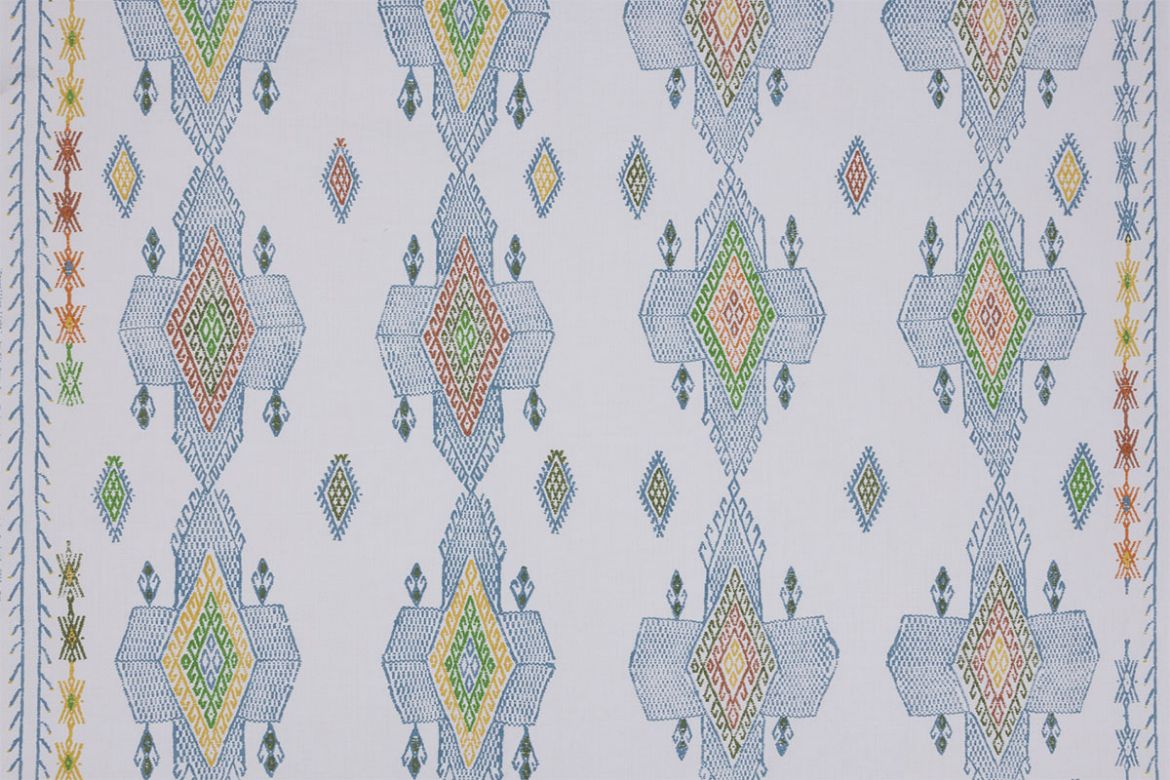 Geometric shapes Ikat pattern in multi colours and teal hues