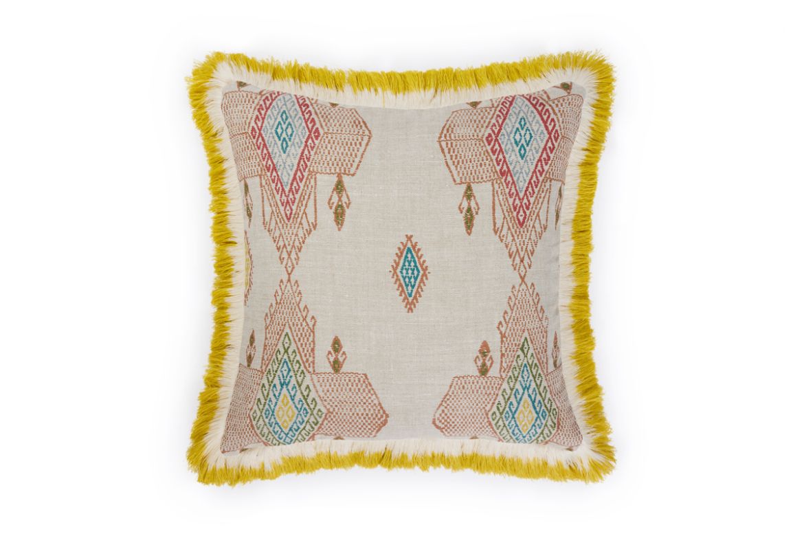 Front view of Travelling Light Terracotta cushion with terracotta, linen, and light blue geometric patterns, accented by lemon-yellow ombre fringed trim.