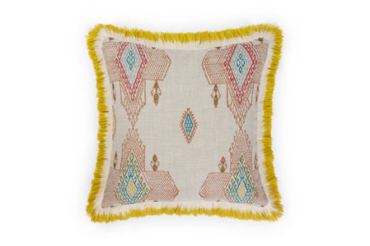 Front view of Travelling Light Terracotta cushion with terracotta, linen, and light blue geometric patterns, accented by lemon-yellow ombre fringed trim.
