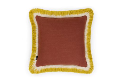 Back view of Travelling Light Terracotta cushion featuring textured Nola woven fabric in a Terracotta tone, offering a soft, natural contrast to the patterned front.