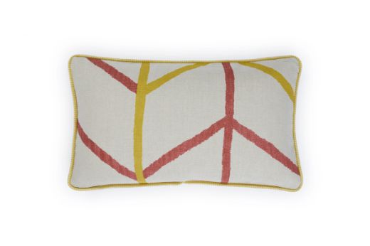 Front view of One Way / Small Way cushion in Raspberry and Yellow, featuring the bold geometric One Way pattern on natural linen with hand-painted details.