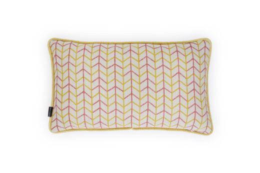 Back view of One Way / Small Way cushion in Raspberry and Yellow, featuring the small geometric Small Way pattern on natural linen with hand-painted details.