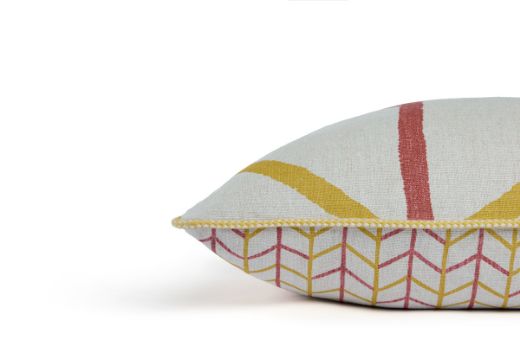 Side view of One Way / Small Way cushion in Raspberry and Yellow, featuring the striking geometric One way & Small Way pattern on natural linen with hand-painted details.