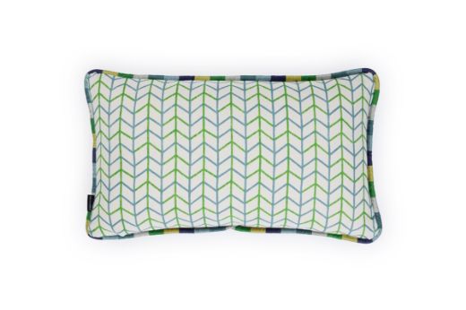 Back view of One Way / Small Way cushion in Green and Blue, featuring the smaller-scale Small Way design on white linen, with soft geometric shapes.