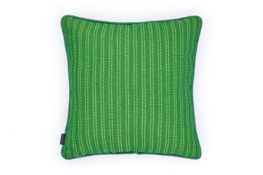 Back view of Rick Rack cushion in green, featuring Algonquins striped design and finished with vibrant Circus piping for a bold, artisanal look.