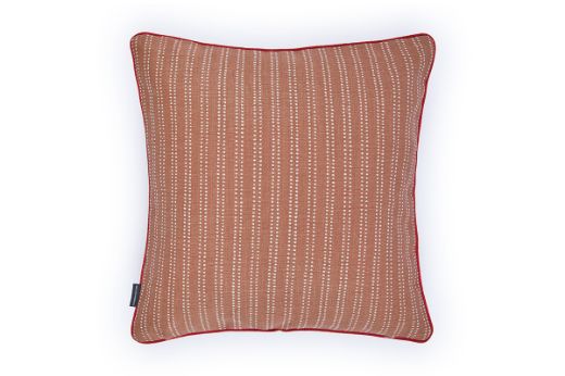 Back view of Rick Rack cushion featuring Algonquin Stripe in terracotta tones, with a classic printed stripe pattern adding contrast and texture to the design.
