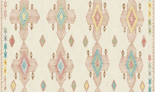 Geometric shapes in terracotta tones with accents of blues, yellows and reds.