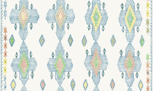 Geometric shapes in marine blue and green tones with accents of yellows and oranges.